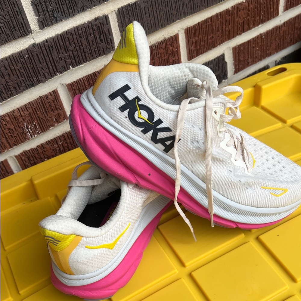 Hok's Cream and Pink Athletic Shoes 10 D